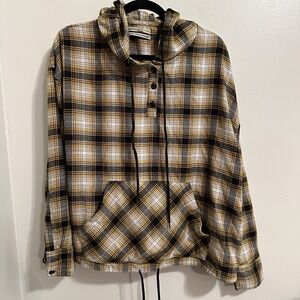 Urban Outfitters Top Women‎ M Plaid Hoodie Button Up Shacket Plaid Oversize Hood